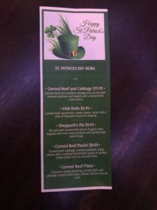 St. Patricks Day (and weekend) food menu @ Tree Guys Pizza Pub